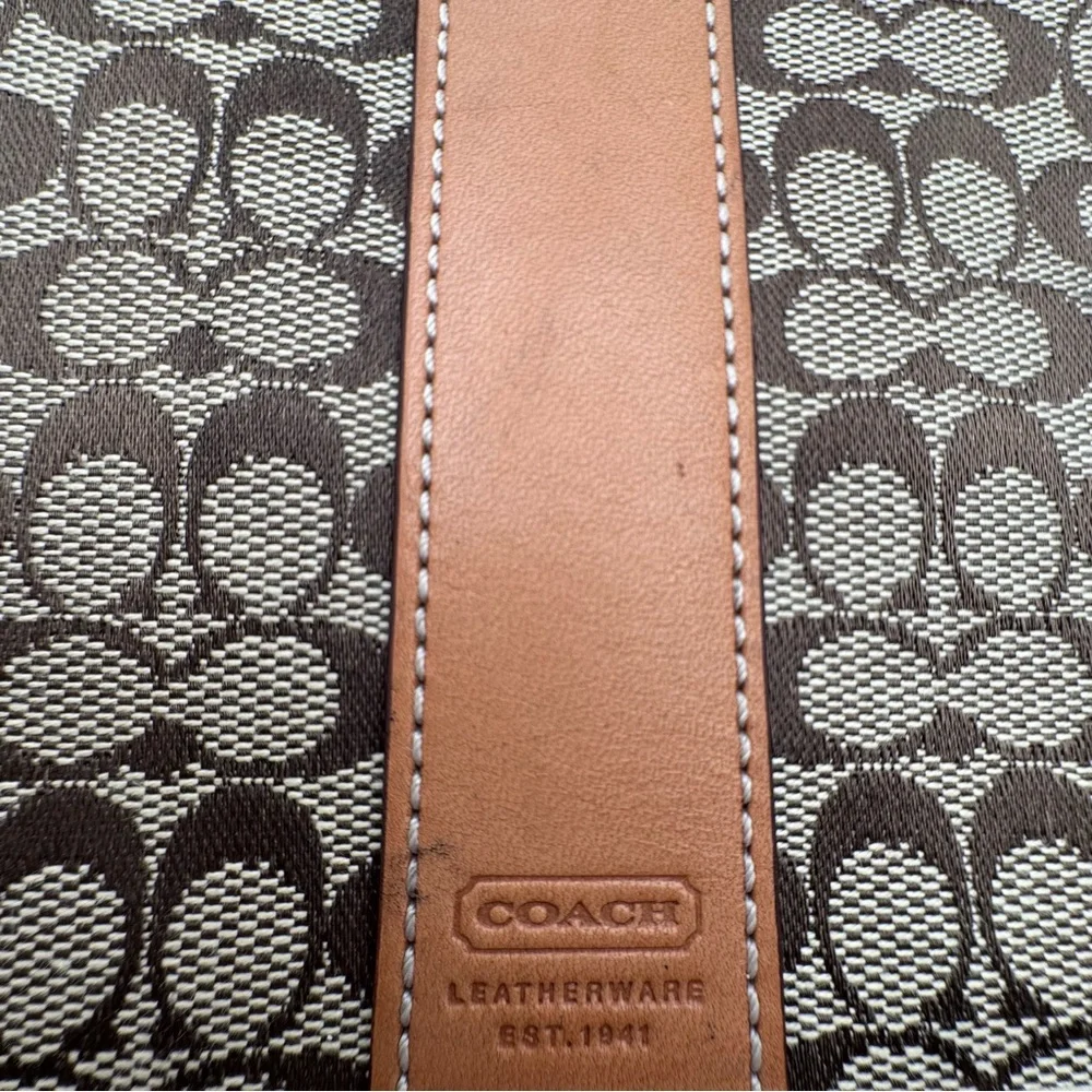 Vintage Coach Y2K Signature Jacquard Zip Pouch Brown Khaki Leather Trim Hangtag
